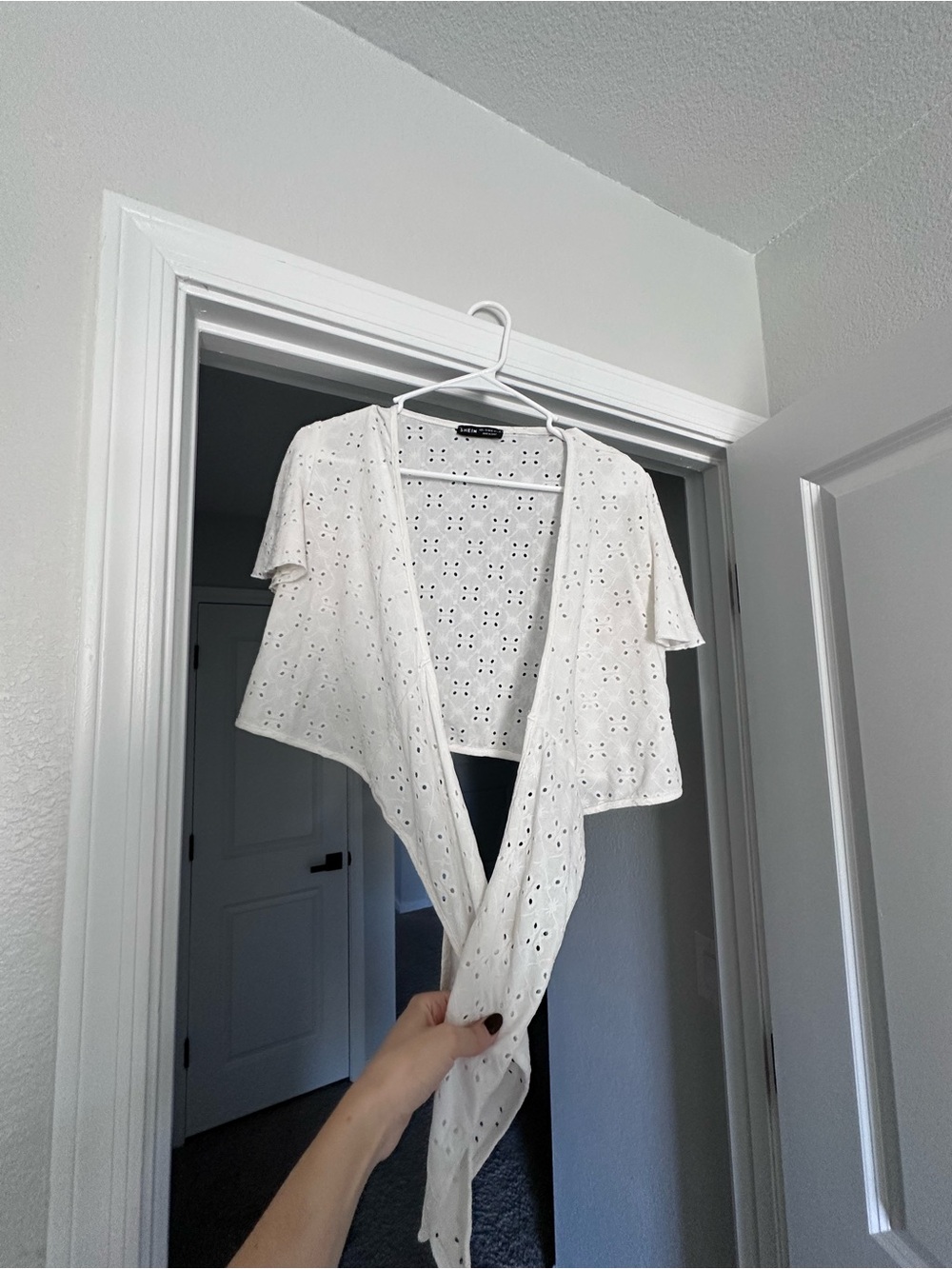SHEIN White Eyelet Tie-Front Cropped Blouse